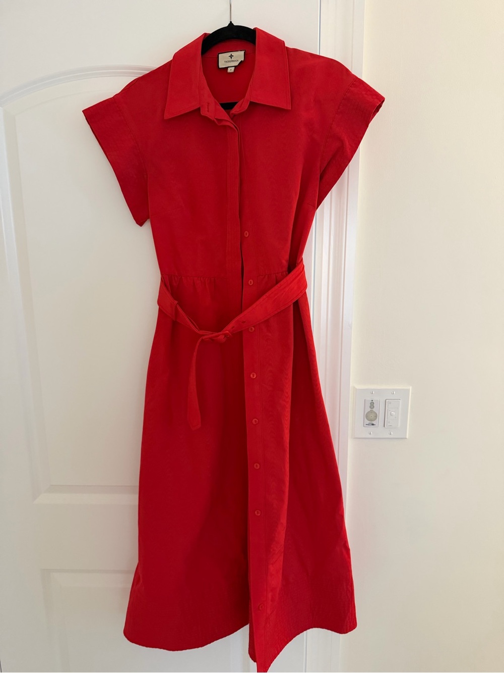 Tuckernuck Red Button-Front Midi Shirt Dress with Tie Waist